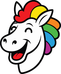 Cartoon unicorn head featuring vibrant rainbow hair, set against a simple background.
