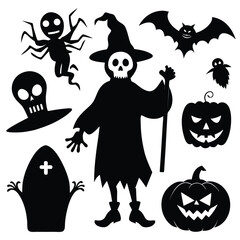 Obraz premium Halloween silhouette vector set spooky and creepy design elements for holiday decorations isolated on white background