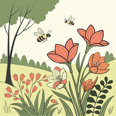 Butterflies and bees around a decorative garden flower frame vector illustration