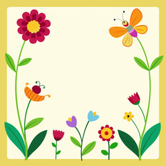 A nature frame of garden flowers with visiting insects vector illustration