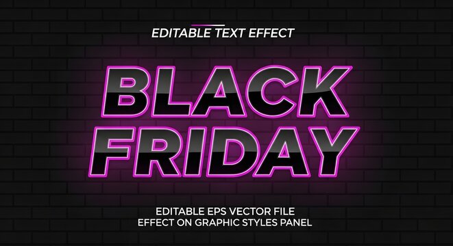 Black friday neon text effect with glowing purple outline on dark brick wall background, editable eps vector file