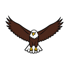 Cartoon bald eagle with wings spread wide in flight isolated on white background