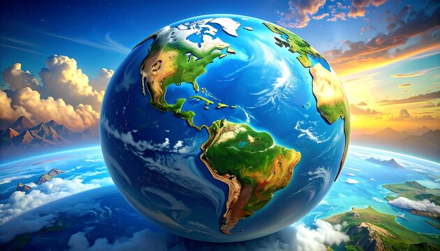 Earth, vibrant colors, and clouds.  Detailed globe