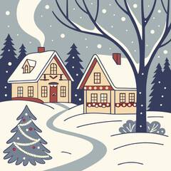 Fototapeta premium Idyllic winter village celebrating the Christmas holiday vector illustration