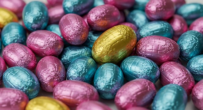 Colorful foil wrapped chocolate eggs close up for easter festivities