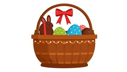 Easter basket filled with colorful eggs and a chocolate bunny