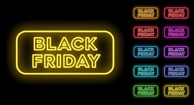 Black friday neon sign in yellow and multiple other colors on a black background, representing sales and discounts
