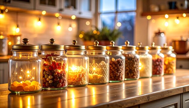 Glass Jars Filled with Candies and Lights on Kitchen Countertop