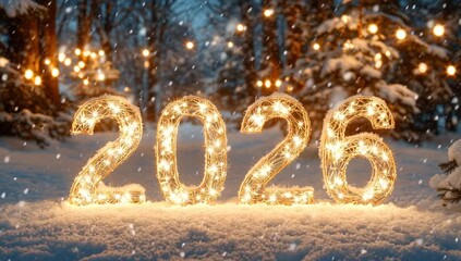 Happy new year 2026 golden numbers with glittering lights and sparkling snow for a festive holiday celebration.
- Powered by Adobe