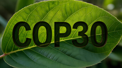Environmental sustainability highlighted against a background of green leaves. Environmental awareness and preservation. COP 30.
