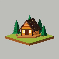 An illustration of a cozy cabin nestled among tall trees in a serene forest setting.