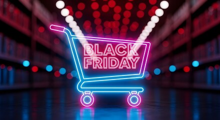 Neon shopping cart with black friday text glowing in a dark aisle with red and blue lights