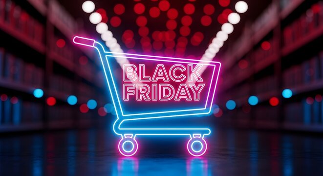 Neon shopping cart with black friday text glowing in a dark aisle with red and blue lights