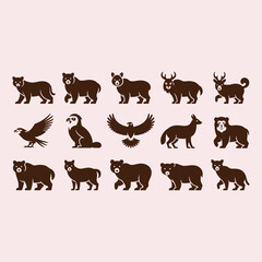 Obraz premium Collection of brown animal silhouettes including bears deer and eagles on a pale pink background brown bear