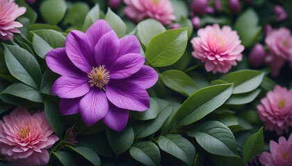 Obraz premium A Vibrant Purple Flower Surrounded By Green Foliage And Delicate Pink Blossoms