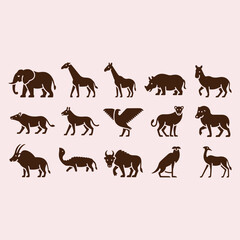Obraz premium Collection of dark brown animal silhouettes on a light pink background elephant giraffe