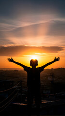 Fototapeta premium Silhouette of child embracing sunrise over the city. Hope, freedom, new beginnings. Serene, golden light.