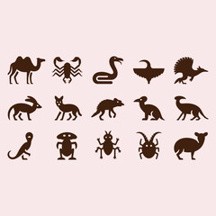 Fototapeta premium Collection of brown animal and insect silhouettes on a pale pink background camel scorpion