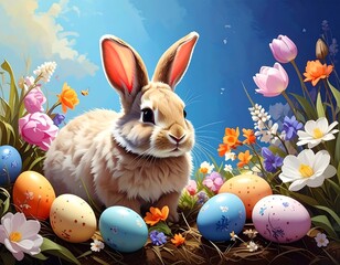 Easter bunny amidst colorful flowers and eggs
