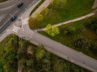 Aerial top-down view of Männiku, Tallinn, Estonia, capturing a spring day with lush green trees,...