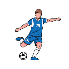 Athletic male soccer player wearing a blue jersey with number seventy nine kicking a ball isolated on white background