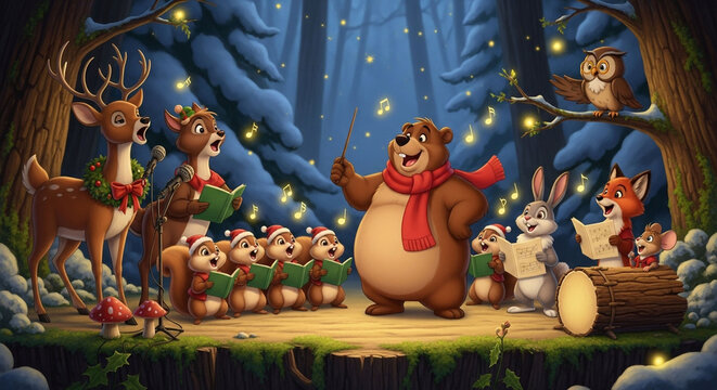 Christmas animal carolers in snowy forest illustration festive holiday season winter wonderland scene - Powered by Adobe