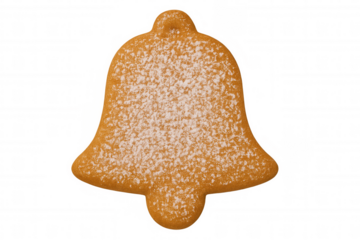 Gingerbread bell cookie with powdered sugar, preparing sweet festive treats for christmas holiday season