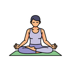 Person in lotus pose meditating on a yoga mat with hands in mudra isolated on white background