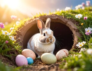 Easter bunny in a burrow with colorful eggs