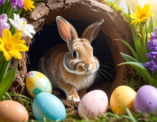 Easter bunny in a hollow log with colorful eggs