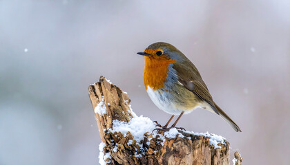European robin with a red-orange breast perched on a snowy tree stump, surrounded by falling snowflakes and a softly blurred winter landscape.