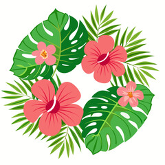 A tropical floral frame with hibiscus flowers and lush palm leaves vector illustration