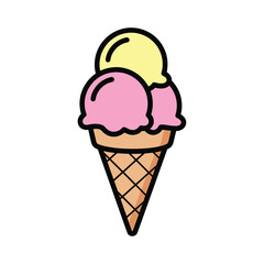 A delicious cartoon representation of a waffle cone holding two pink scoops and one yellow scoop of frozen dessert isolated on white background