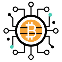 A Bitcoin cryptocurrency coin icon with a digital circuit line design vector illustration