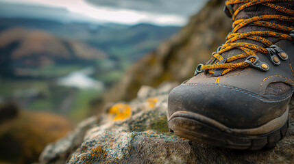 Close up of hiking boot toe standing on rocky edge with dramatic background