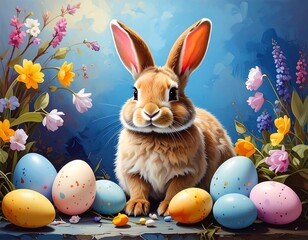 Easter bunny surrounded by colorful eggs and flowers