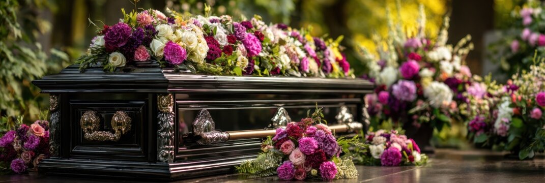 Beautiful floral arrangements adorn a casket during a solemn outdoor memorial service in a tranquil garden setting