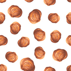 Seamless pattern with peeled, whole hazelnuts kernels. Hand drawn watercolor illustration of filbert nuts on isolated background. For packaging design. Edible raw seed. Healthy organic food