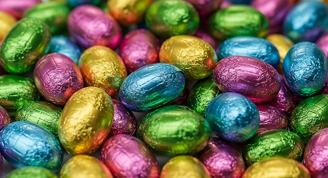 Colorful foil wrapped chocolate eggs festive assortment background