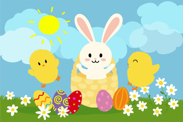 Lovely Easter cartoon with bunny, chicks, colorful eggs and spring flowers. Ideal for holiday greetings, posters, kids designs and festive decorations