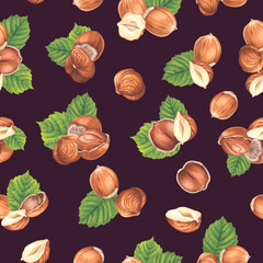 Seamless pattern with hazelnuts, green leaves. Hand drawn watercolor illustration of forest nuts on dark purple background. Drawing of filbert for food packaging, restaurant menu, kitchen wallpaper