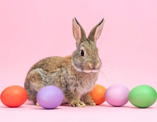 Easter bunny with colorful eggs on pink
