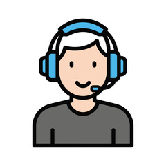 Friendly person wearing headphones with microphone icon for communication and support isolated on white background