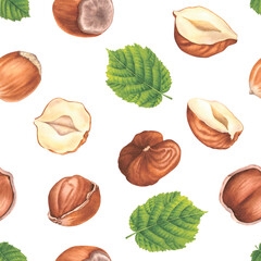 Seamless pattern with hazelnuts and green leaves. Hand drawn watercolor illustration of forest nuts on white background. Drawing of filbert for food packaging, restaurant menu or kitchen wallpaper
