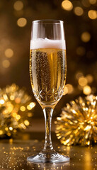 Champagne in a crystal glass for New Year's Eve celebration with festive bokeh background