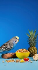 A blue budgerigar parakeet with a healthy food mix. Pet bird with a balanced diet of seeds and fruit on a blue background. Avian nutrition concept with copy space for text