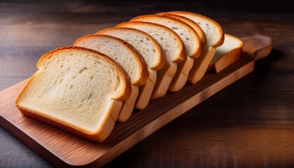 Freshly Baked White Bread Slices With Golden Crusts Are Neatly Arranged On A Natural Wooden Board Perfect For Simple Meals Or Breakfast Preparation