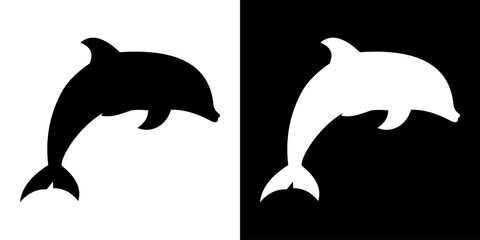 Stylized dolphin silhouette in black and white, isolated on split background, minimal marine mammal vector illustration perfect for ocean, wildlife, and logo projects