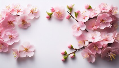 Fototapeta premium Pink Cherry Blossom Branches On The White Background Beautiful Spring Flatlay Photo