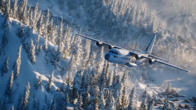 A transport plane soars above a vast snowy forest, overseeing a rescue operation with tiny figures and vehicles glistening in the crisp morning sun.